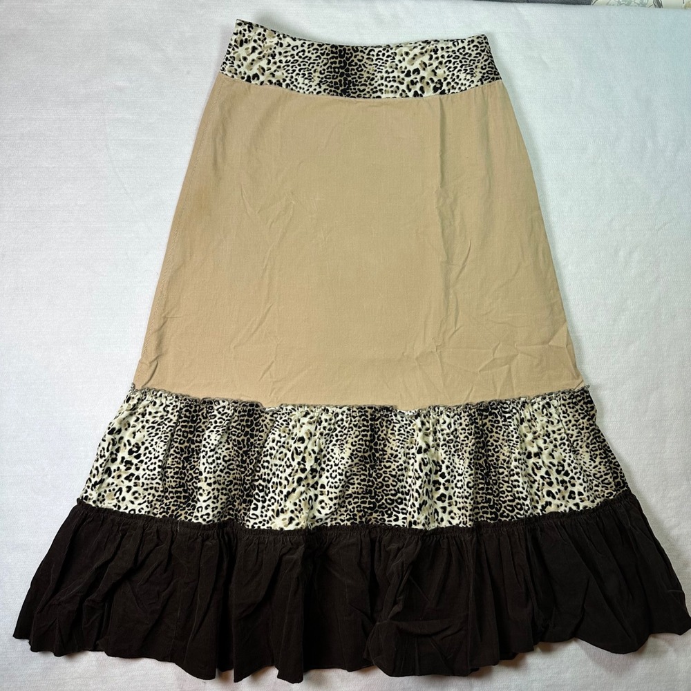 Lapis Corduroy Maxi Skirt Leopard Print Tiered Ruffle Boho Indie Tan Brown Sz M